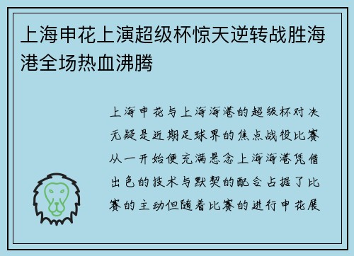 上海申花上演超级杯惊天逆转战胜海港全场热血沸腾