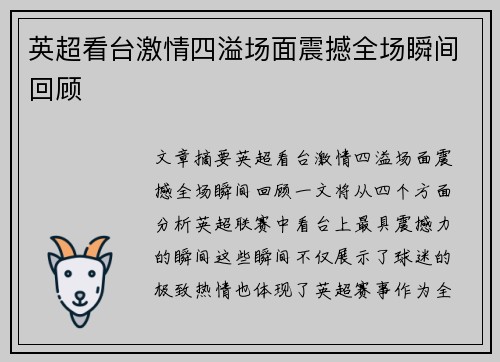 英超看台激情四溢场面震撼全场瞬间回顾